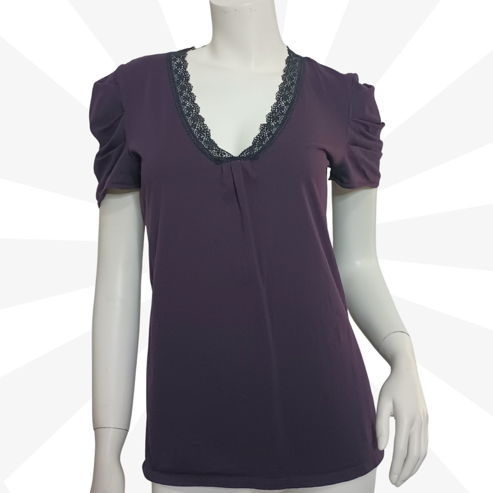 Gap Purple Blouse Size S Short Sleeve V Neck Lace Trim Pima Cotton
